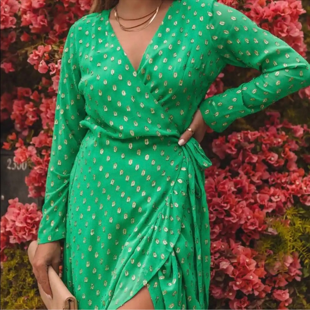NWT Vici Rejoice Green Wrap Dress Gold Spots Sz S Spring Summer Easter Wedding - Picture 3 of 4